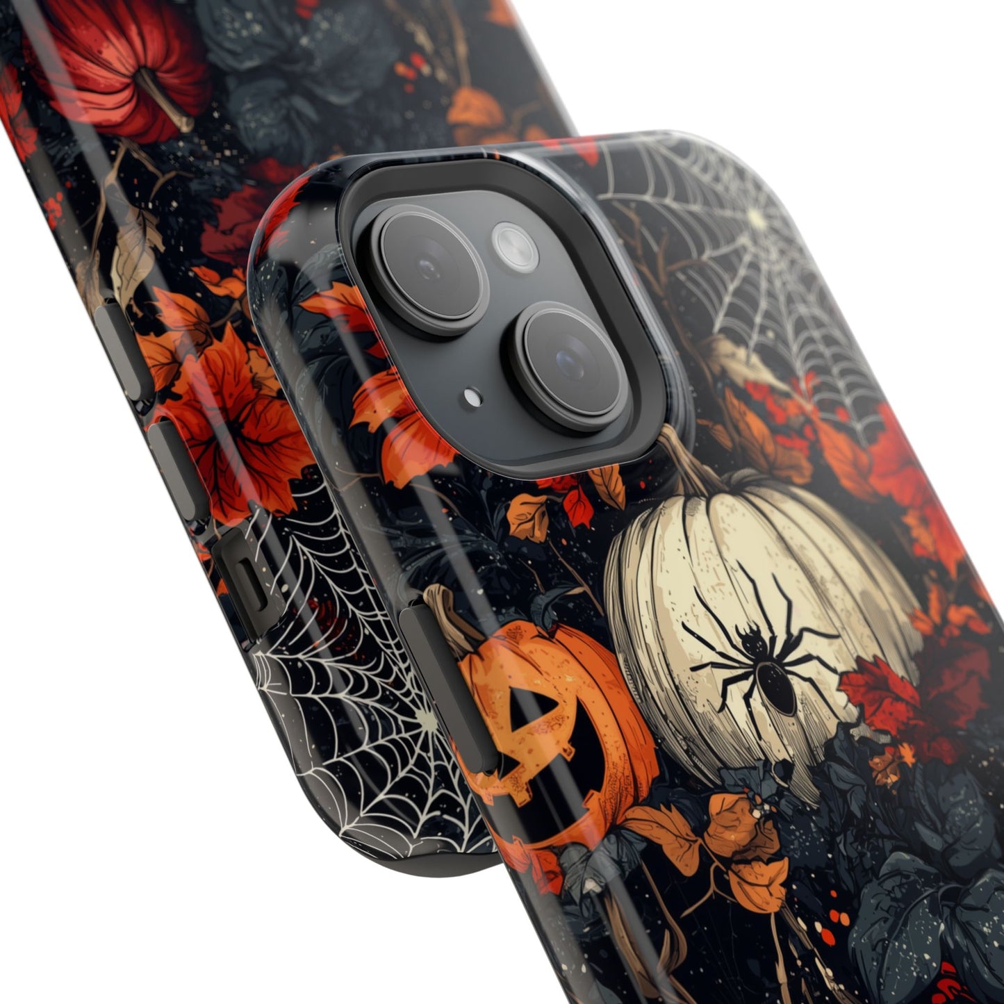 Hauntingly Elegant Halloween MagSafe iPhone Case – Pumpkins, Spiders, and Autumn Leaves Design