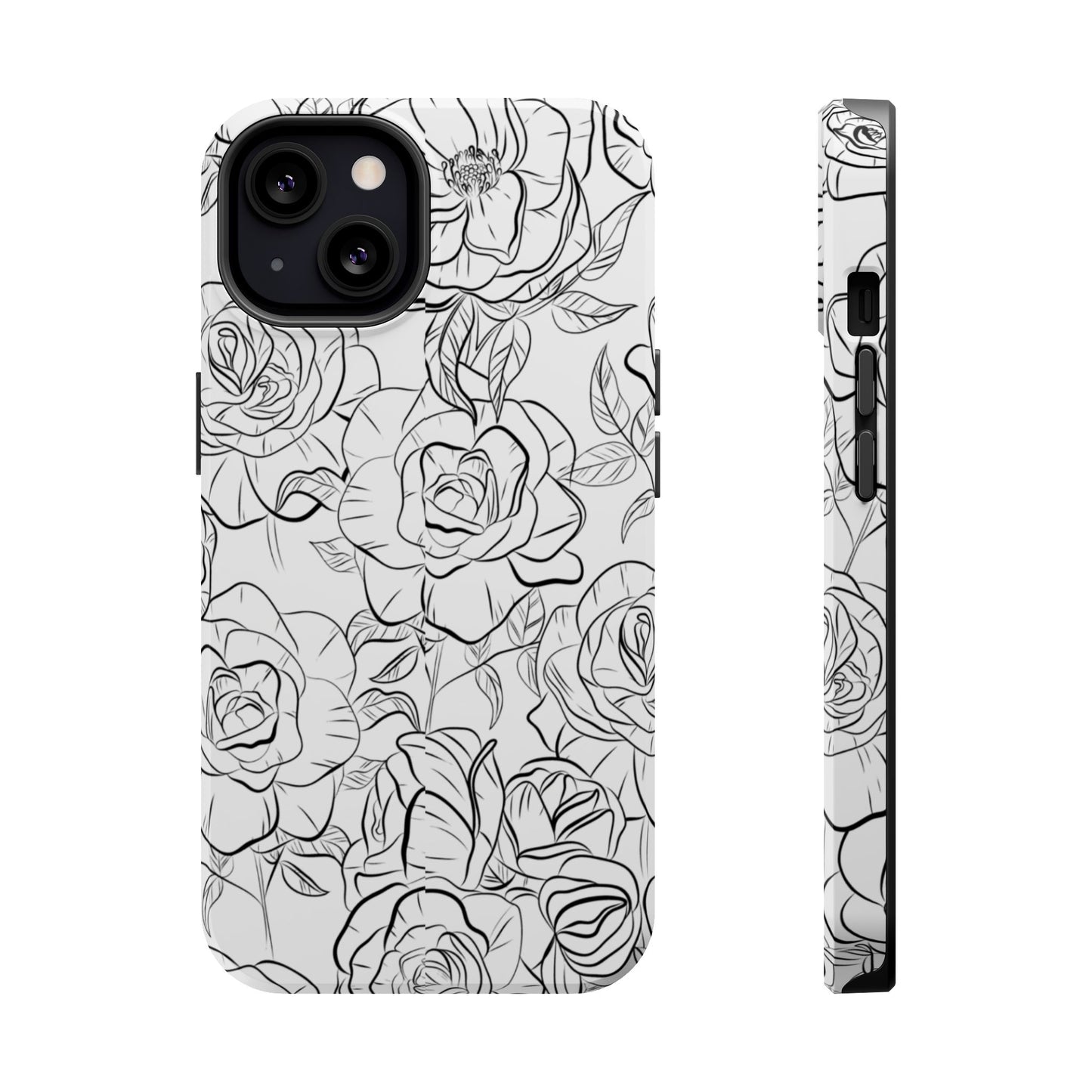 Monochrome Rose Garden Tough MagSafe iPhone Case – Elegant Floral Line Art with Dual-Layer Protection