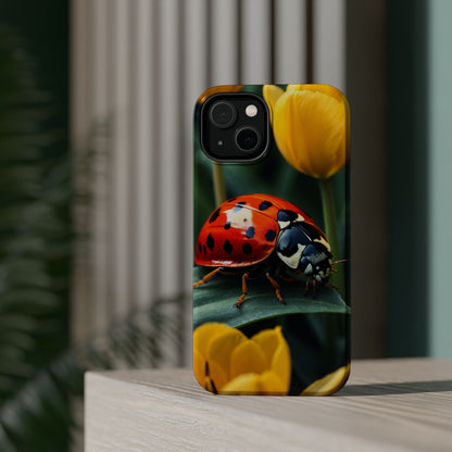 MagSafe iPhone Case: Vibrant Ladybug Amidst a Lush Yellow Flower Garden