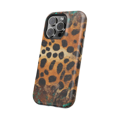 Rustic Leopard Print Tough MagSafe iPhone Case – Distressed Turquoise and Animal Pattern with Dual-Layer Protection