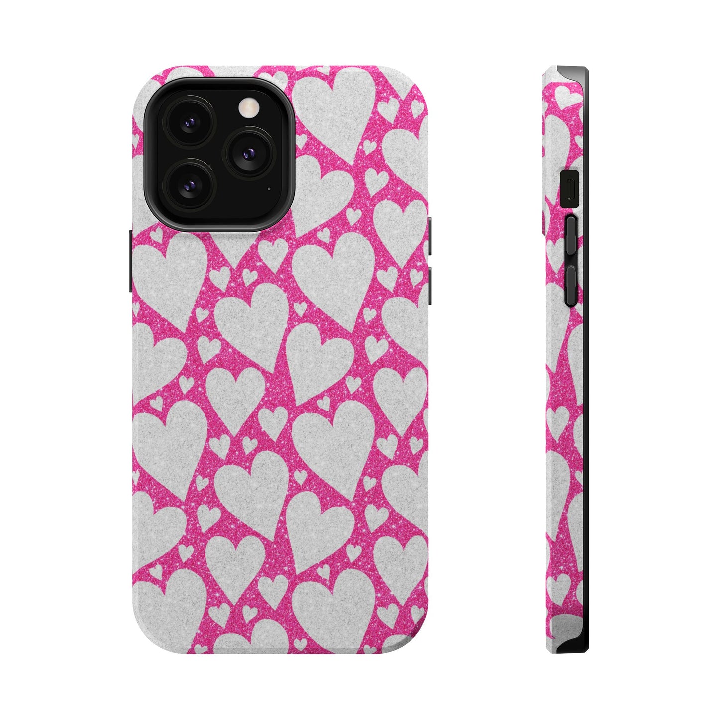 Pink and Silver Glitter Heart Pattern MagSafe Case