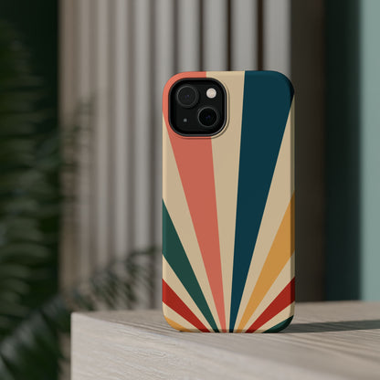 Retro Sunbeam MagSafe iPhone Case – 70s-Inspired Radiating Stripes in Coral, Teal, and Mustard