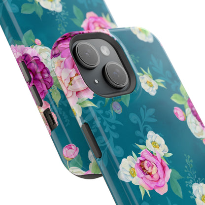 Elegant Peony Bouquet MagSafe iPhone Case – Deep Teal Background with Romantic Floral Design