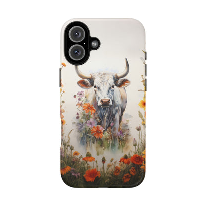 Floral Cow Phone Case - Rustic Western Watercolor Bull. For iPhone, Samsung Galaxy, and Google Pixel Phones. Cute Gift For Any Cow Lover. - BOGO Cases