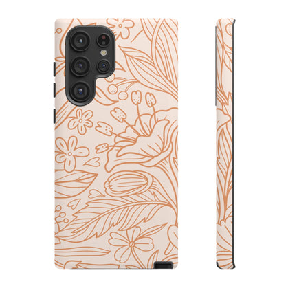 Soft Terracotta Floral Line Art Tough Samsung Galaxy Case – Minimalist Botanical Design with Dual-Layer Protection