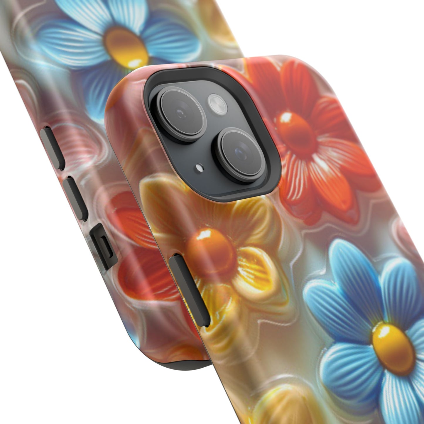 Glossy Retro Flower MagSafe iPhone Case – Colorful 3D Floral Design, Durable Protection