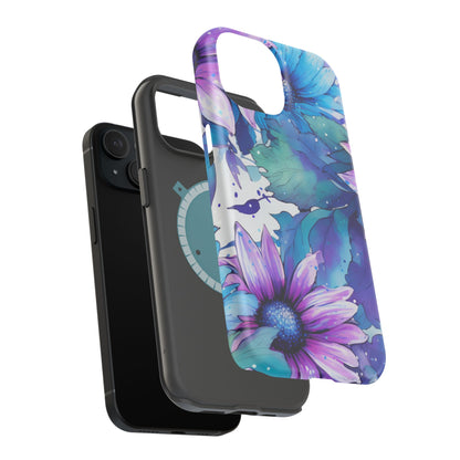 Purple & Teal Watercolor Floral MagSafe iPhone Case - Artistic Flower Design