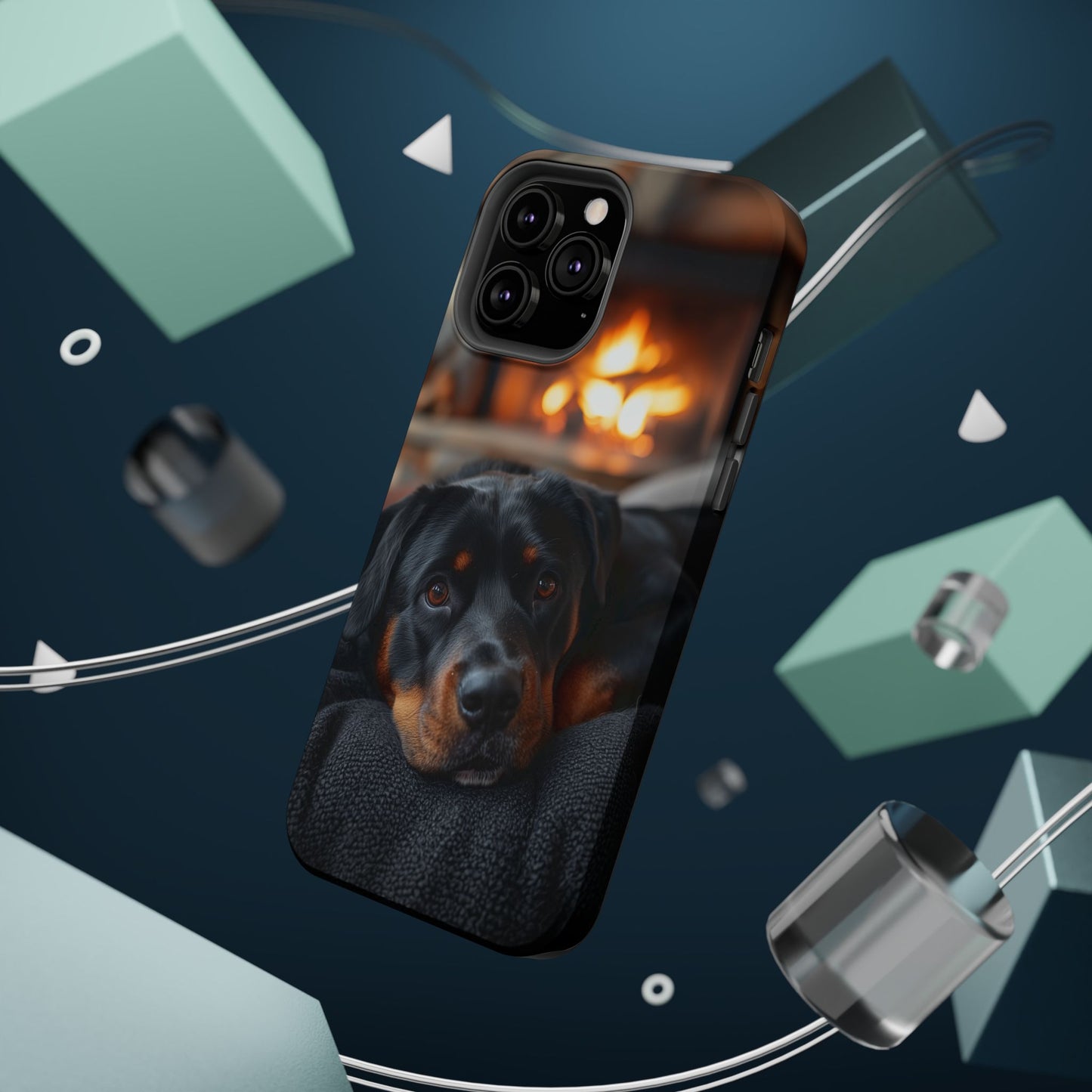 Charming Rottweiler by the Fireplace MagSafe iPhone Case – Cozy & Functional Design