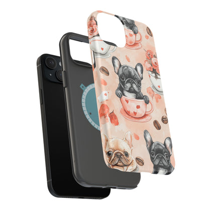 French Bulldogs in Heart Teacups MagSafe iPhone Case – Cute Dog & Floral Design, Shockproof Protection