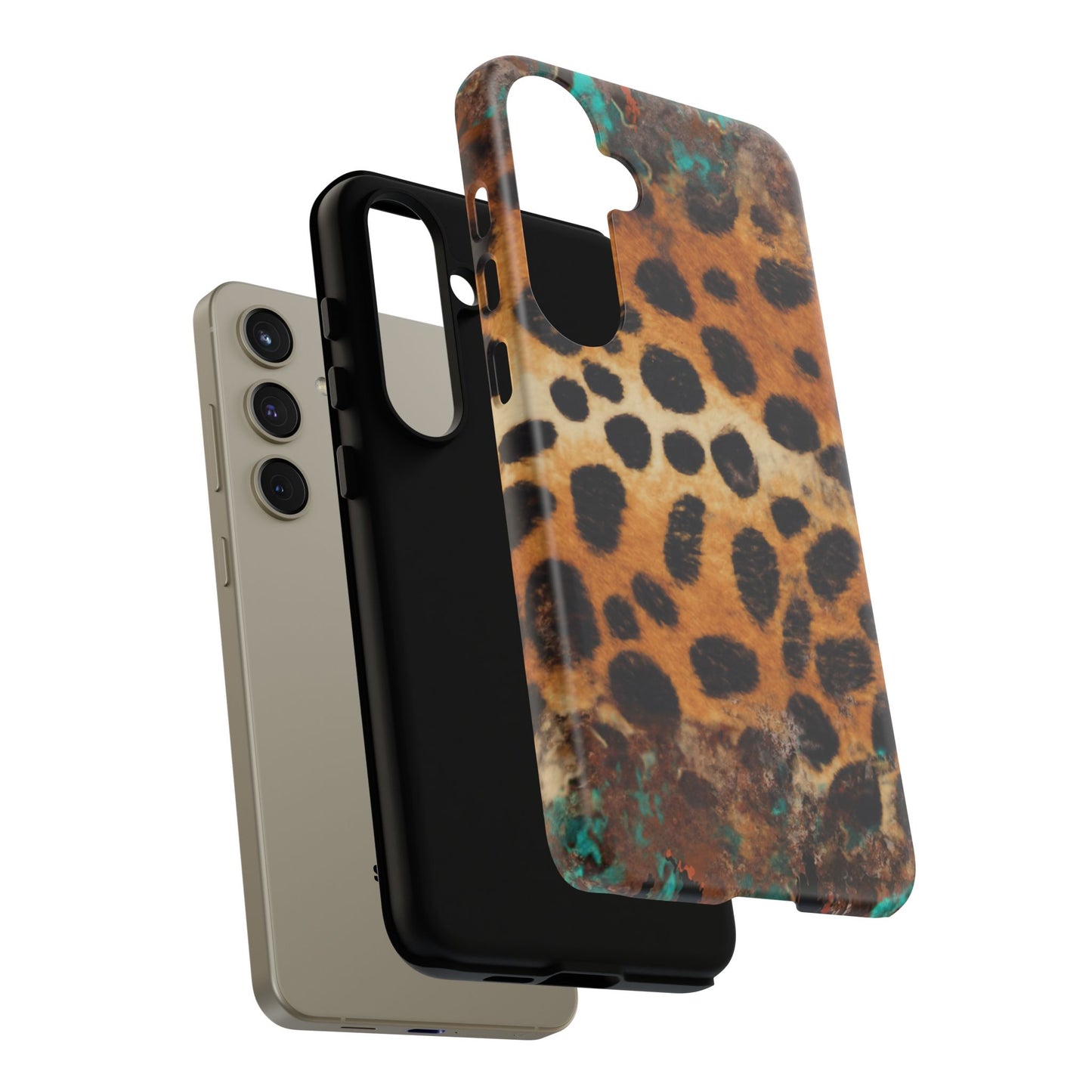 Rustic Leopard Print Tough Samsung Galaxy Case – Distressed Turquoise and Animal Pattern with Dual-Layer Protection