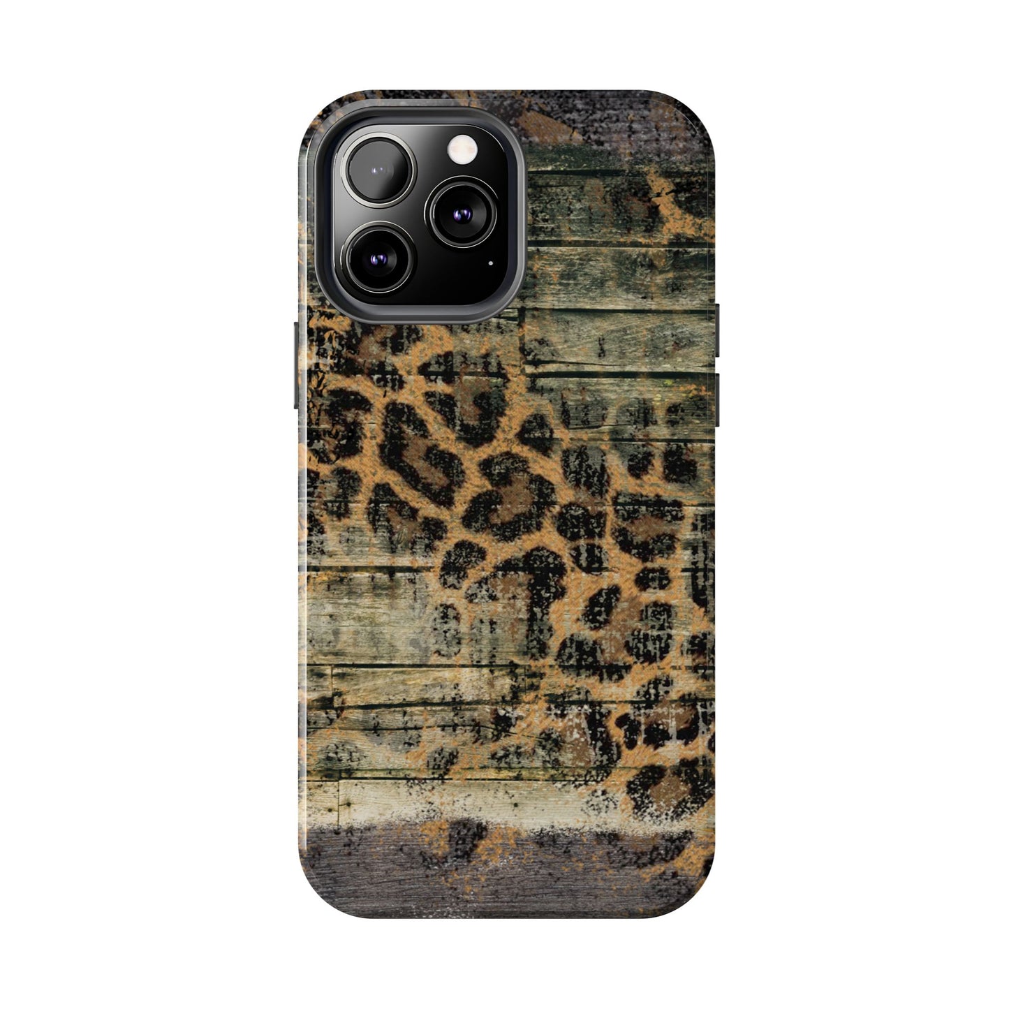 Rustic Wood and Leopard Print Tough iPhone Case – Distressed Western Design with Dual-Layer Protection