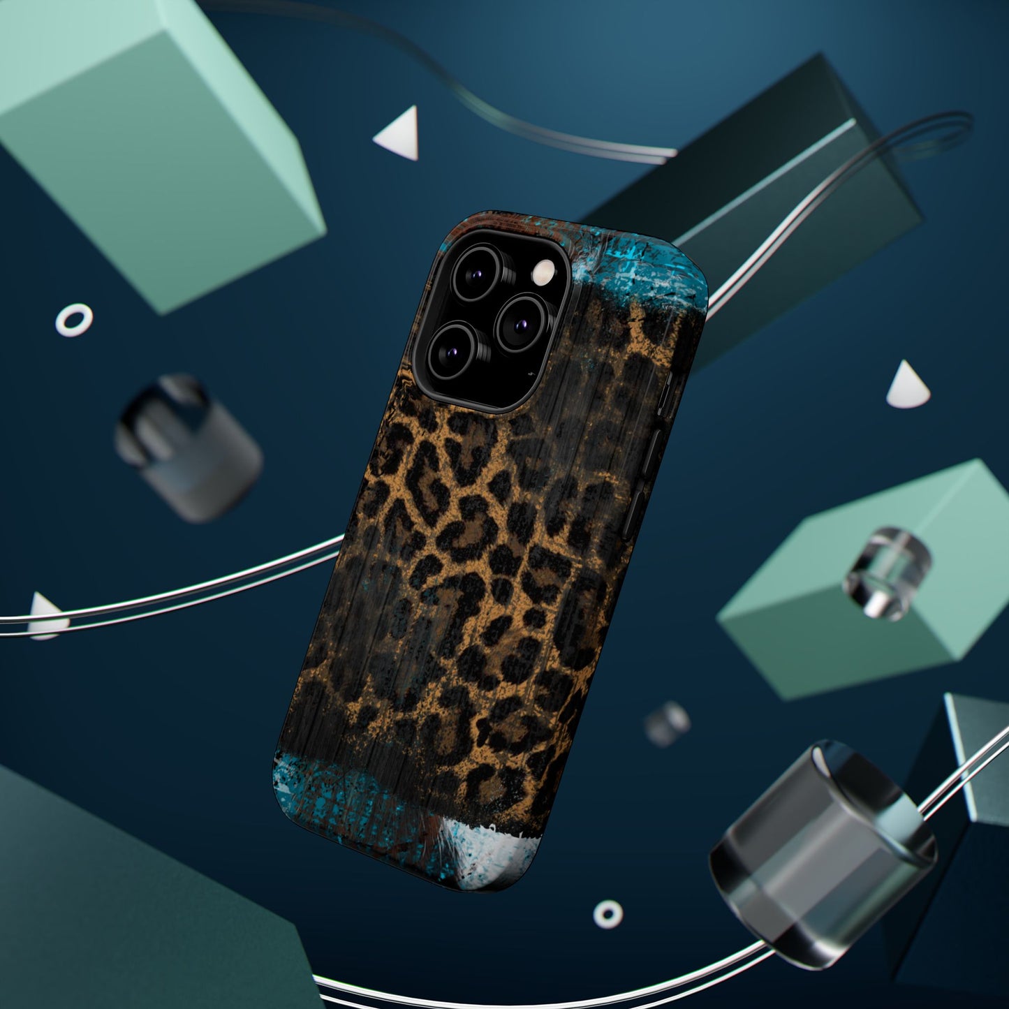 Boho Leopard and Turquoise Tough MagSafe iPhone Case – Rustic Western Design with Dual-Layer Protection