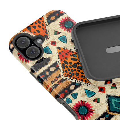 Wild Boho Leopard Print & Floral Tough MagSafe iPhone Case – Eclectic Tribal Design, Dual-Layer Protection