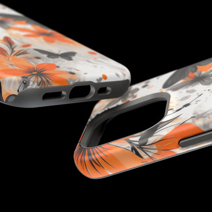 Orange Blossom & Black Butterfly MagSafe iPhone Case – Bold Floral Pattern with Modern Abstract Style