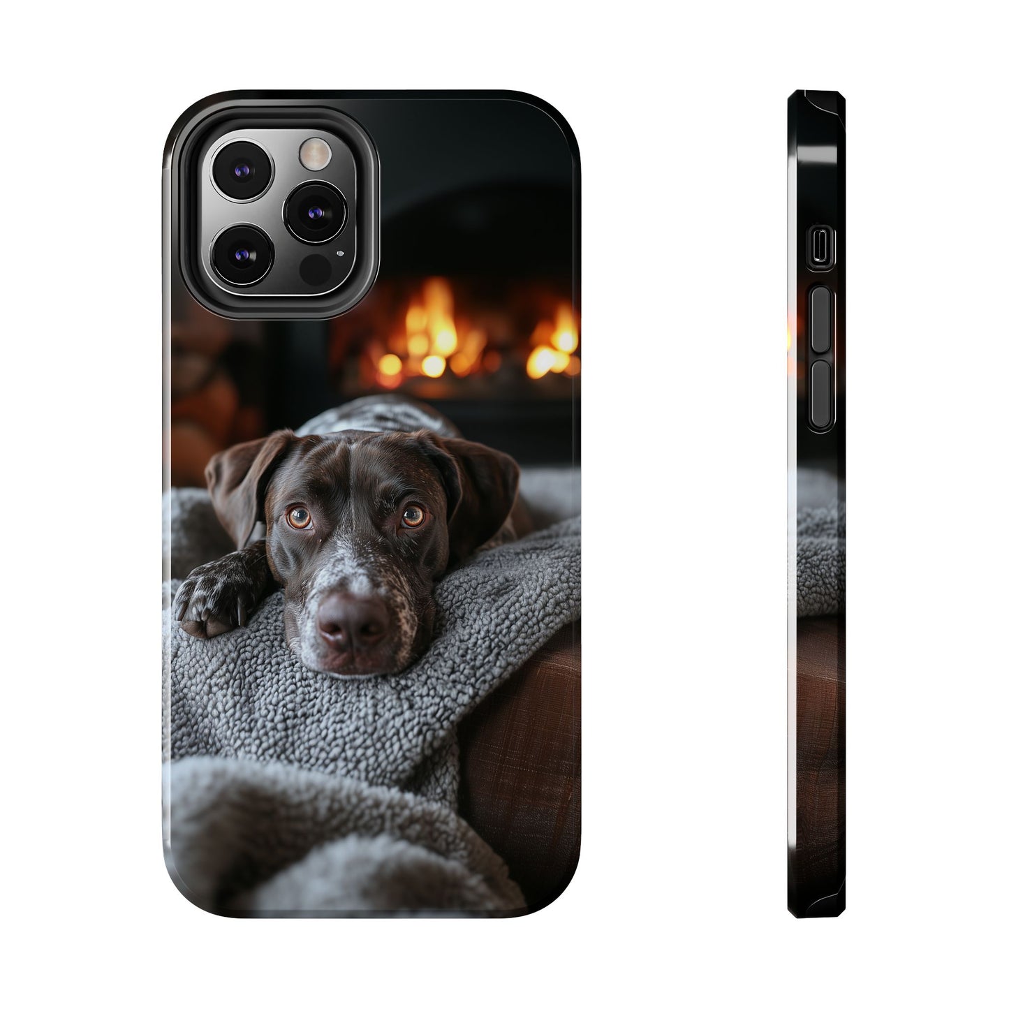 Cozy German Shorthaired Pointer iPhone Case – Rustic Fireplace Protective Cover