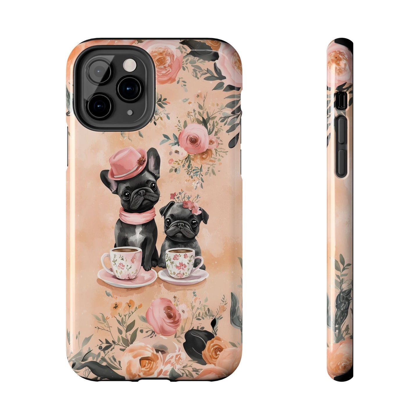 Floral French Bulldogs iPhone Case – Elegant Dog Design with Tea Cups & Roses, Shockproof Protection - BOGO Cases