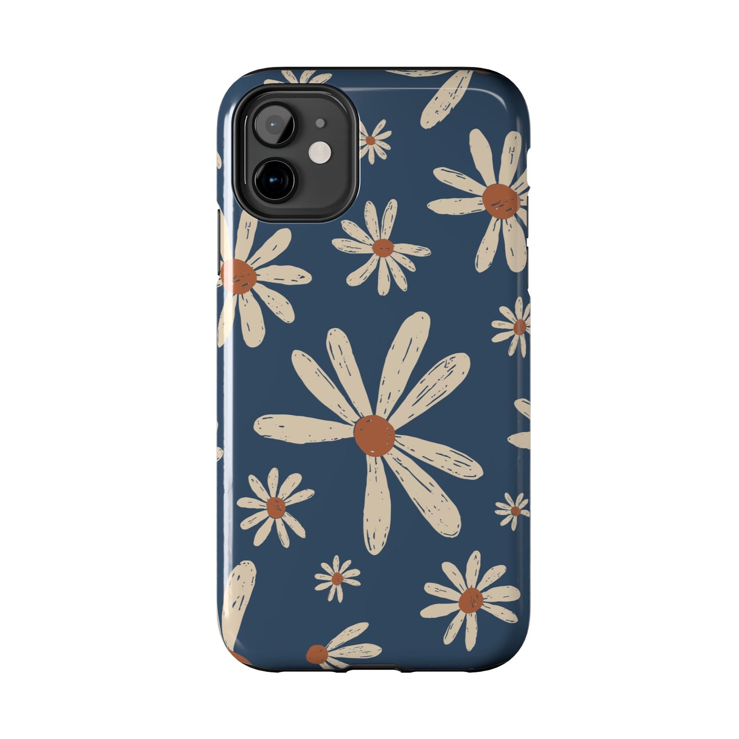 Vintage Daisies iPhone Case – Navy Blue Floral Design, Scratch - Resistant with Shock - Absorbing Bumper - BOGO Cases