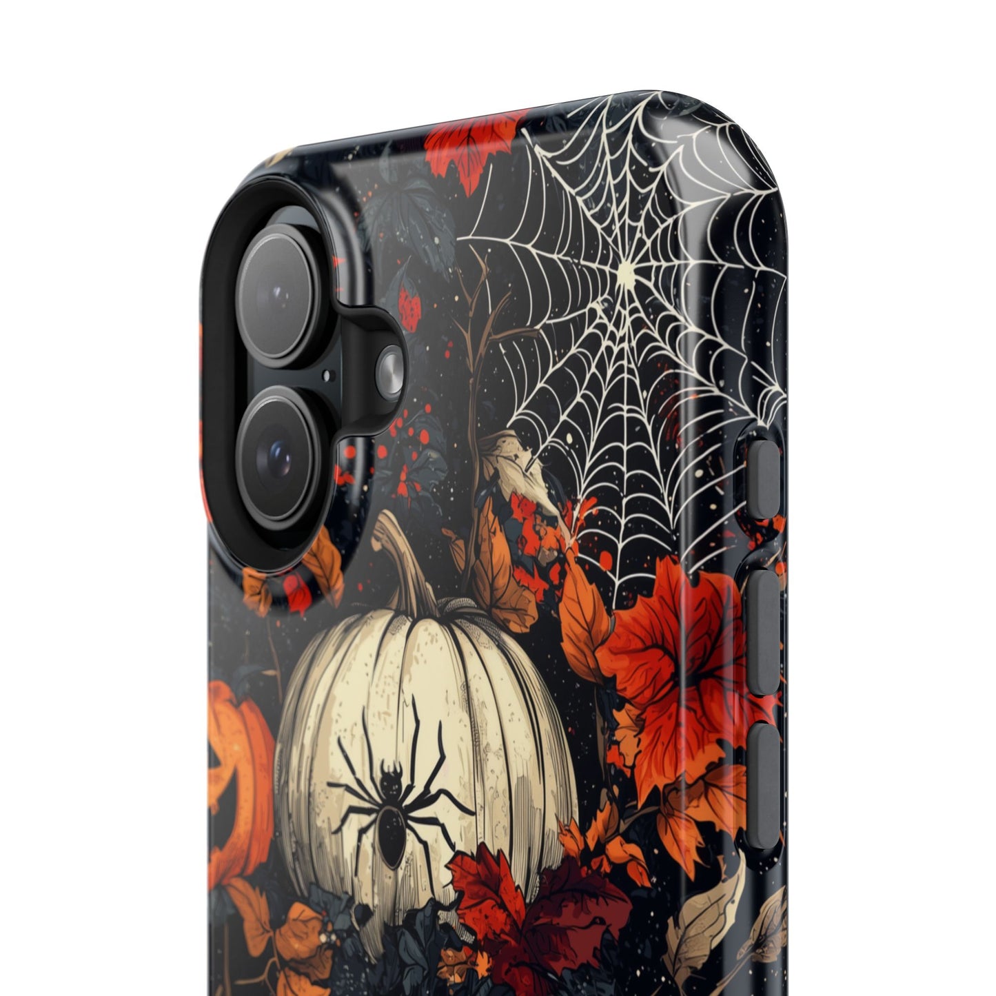 Hauntingly Elegant Halloween MagSafe iPhone Case – Pumpkins, Spiders, and Autumn Leaves Design