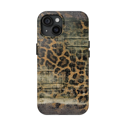 Rustic Wood and Leopard Print Tough iPhone Case – Distressed Western Design with Dual-Layer Protection