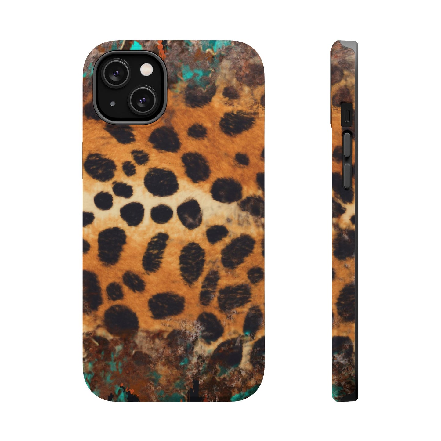 Rustic Leopard Print Tough MagSafe iPhone Case – Distressed Turquoise and Animal Pattern with Dual-Layer Protection