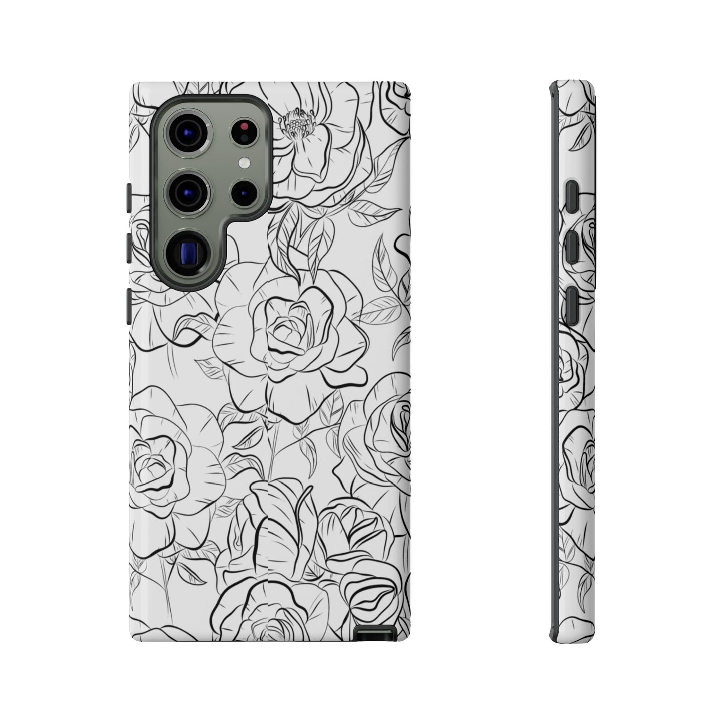 Monochrome Rose Garden Tough Samsung Galaxy Case – Elegant Floral Line Art with Dual-Layer Protection