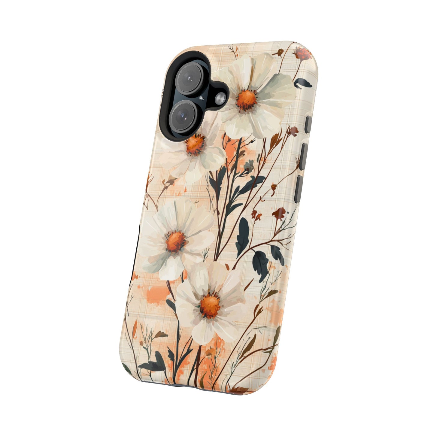 Pastel Orange Floral MagSafe iPhone Case - Elegant Plaid Protective Cover