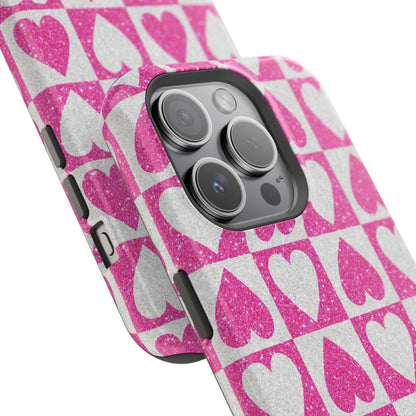 Pink Glitter Heart Checkered Pattern MagSafe Case