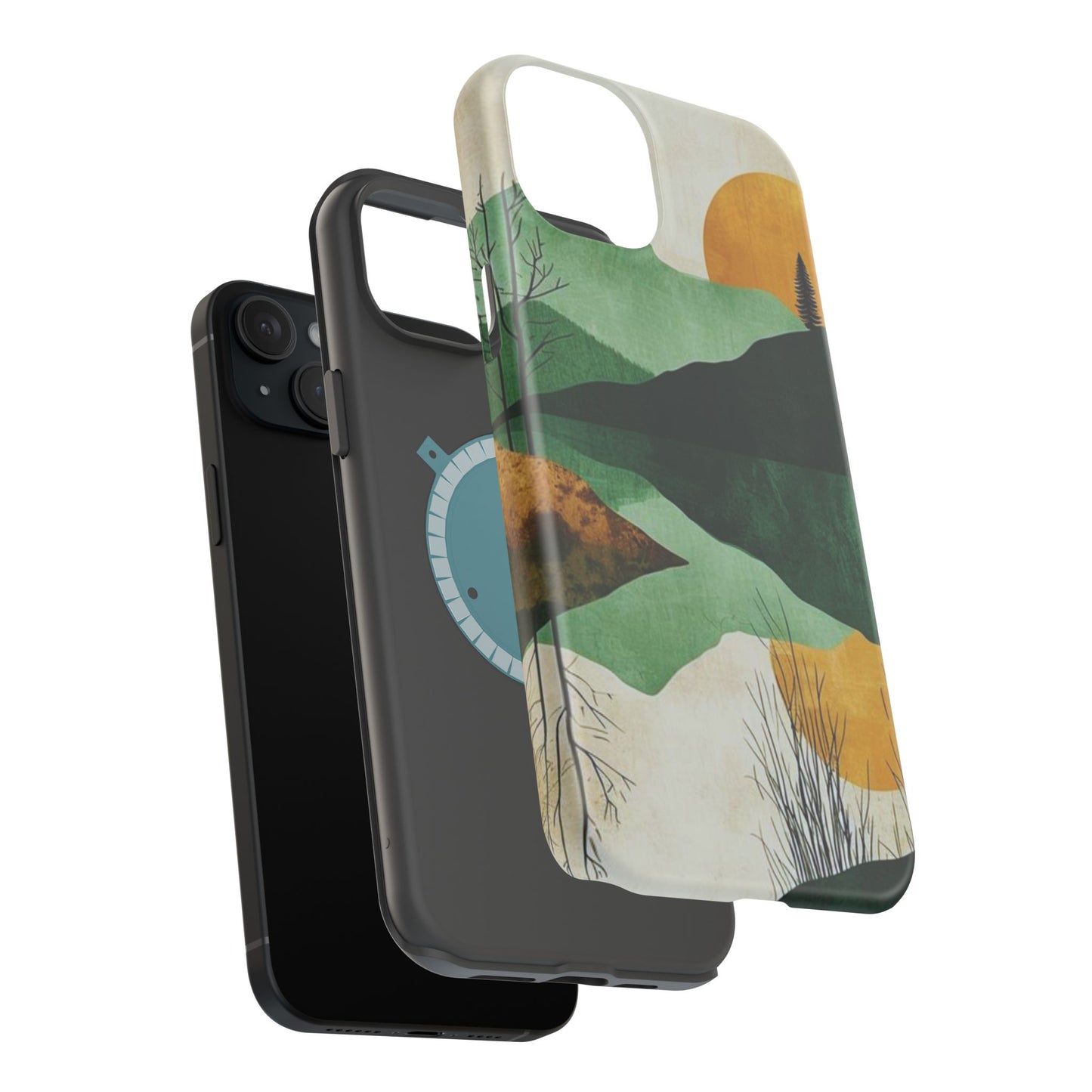 Retro Mountain Sunrise MagSafe iPhone Case – Minimalist Landscape Design, Dual-Layer Protection