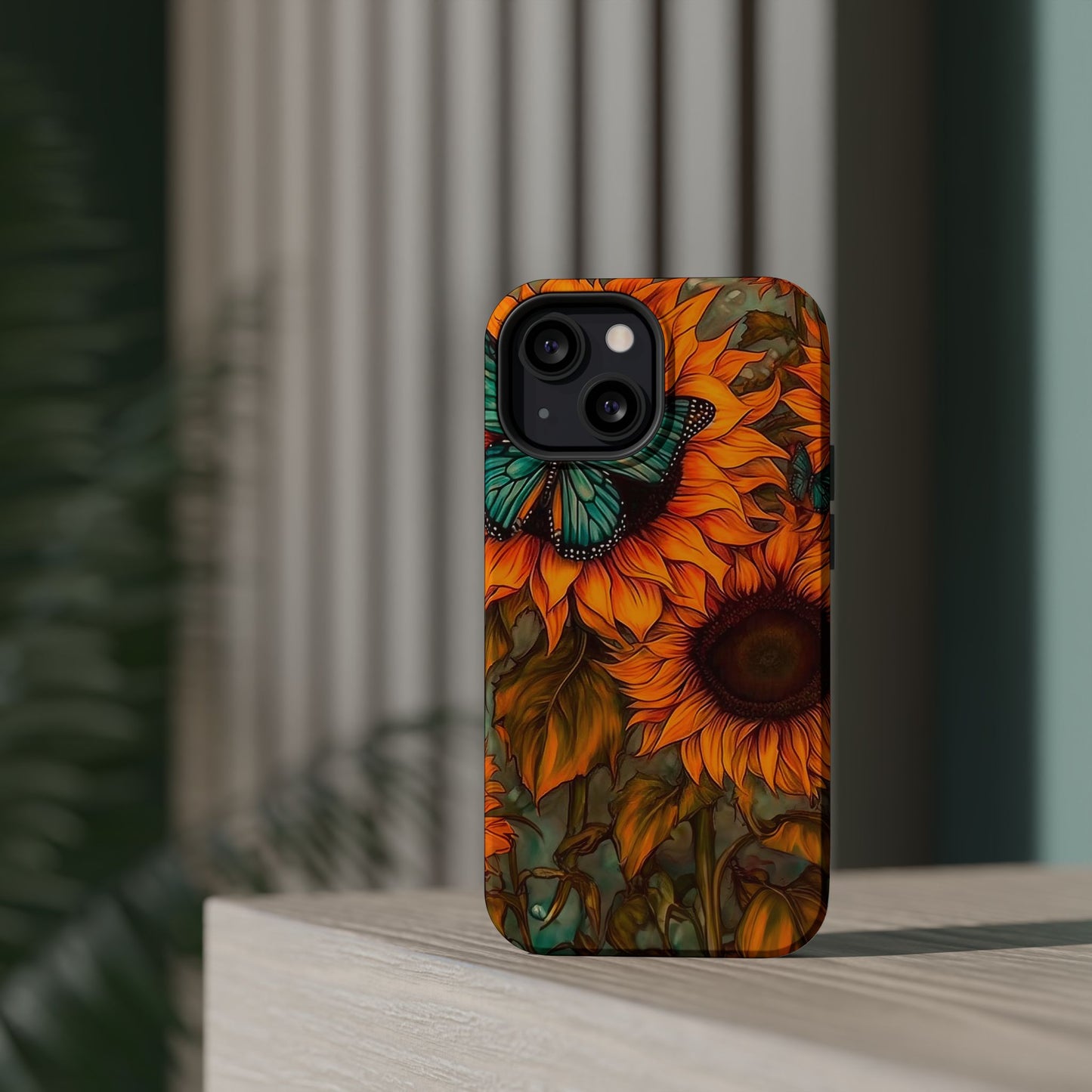 Vintage Blue Butterfly & Sunflower Art – MagSafe iPhone Case