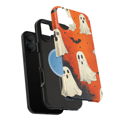 Spooky Ghosts & Bats  MagSafe iPhone Case – Vibrant Orange Halloween Design