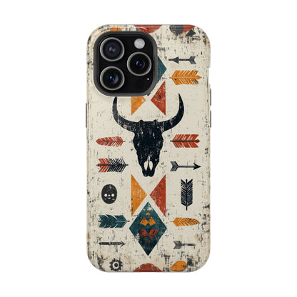 Tribal Bull Skull & Arrows Tough MagSafe iPhone Case – Rustic Western Design, Dual-Layer Protection