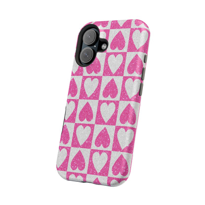 Pink Glitter Heart Checkered Pattern MagSafe Case