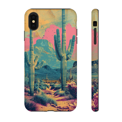 Desert Oasis Retro Cactus Phone Case - Vibrant Sunset Landscape for iPhone 15/14/13/12, Samsung S24/S23/S22/S21, & Google Pixel