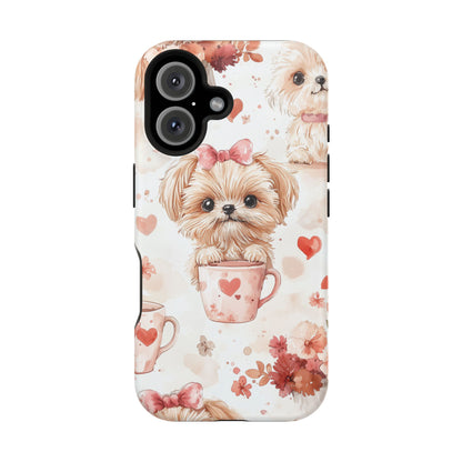 Puppies & Heart Mugs MagSafe iPhone Case – Sweet Dog & Floral Design, Shockproof & Slim