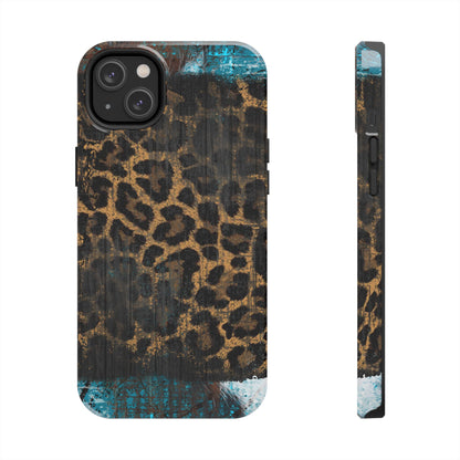 Boho Leopard and Turquoise Tough iPhone Case – Rustic Western Design with Dual-Layer Protection