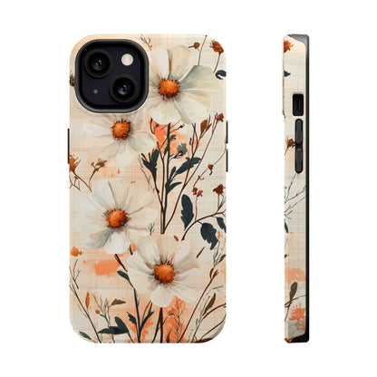 Pastel Orange Floral MagSafe iPhone Case - Elegant Plaid Protective Cover