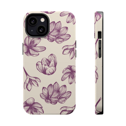 Vintage Botanical Floral Tough MagSafe iPhone Case – Hand-Drawn Purple Flowers, Shockproof Design