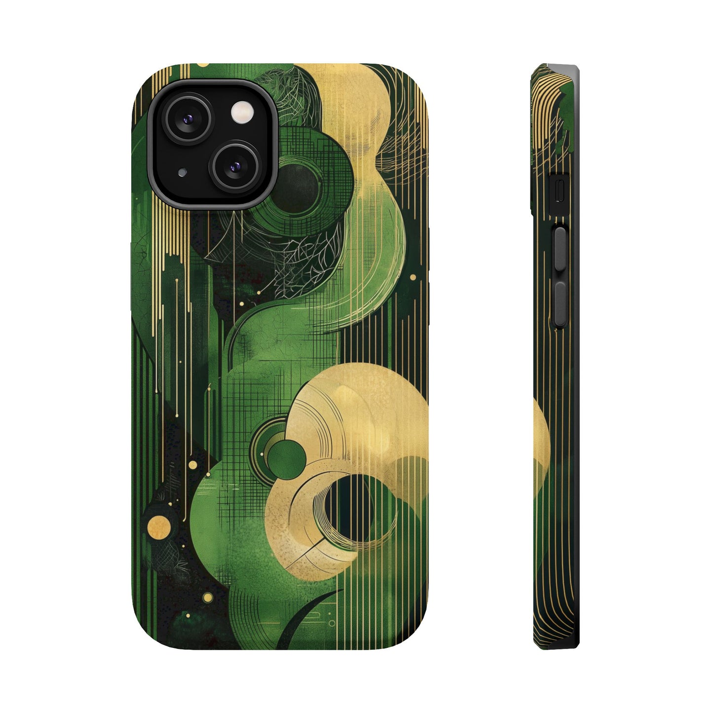 Abstract Green & Gold MagSafe iPhone Case - Geometric Art Deco Protective Cover