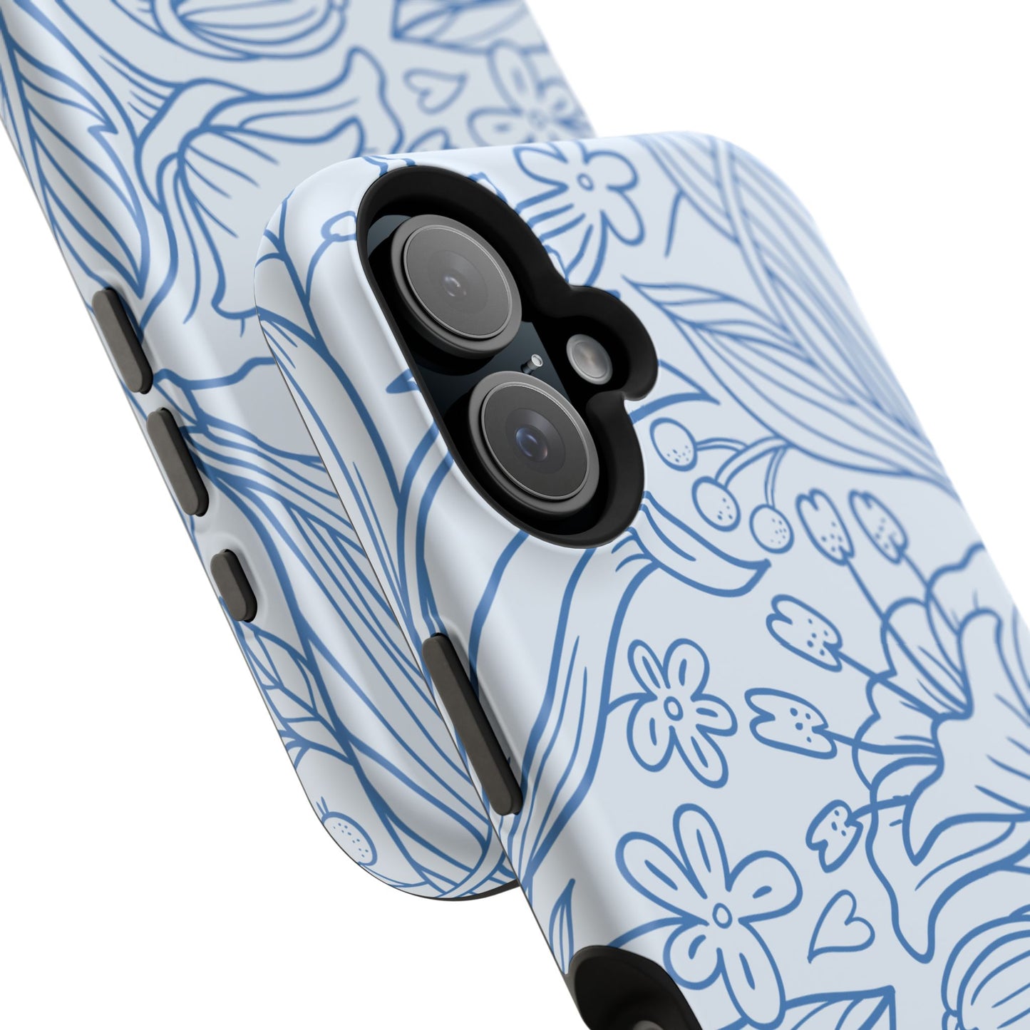 Dusty Blue Floral Line Art Tough MagSafe iPhone Case – Minimalist Botanical Design with Dual-Layer Protection