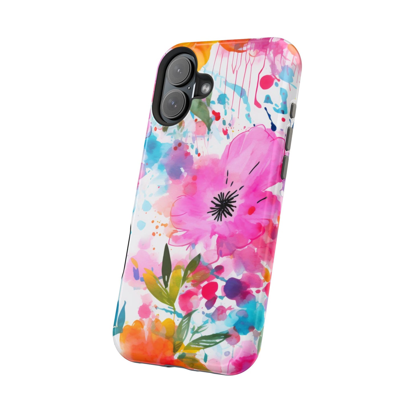 Color Splash Pink & Orange Watercolor Floral - MagSafe iPhone Case