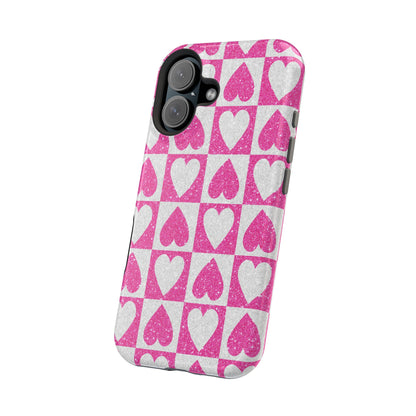 Pink Glitter Heart Checkered Pattern MagSafe Case