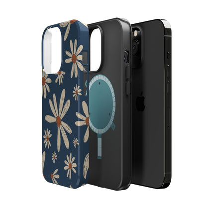 Vintage Daisies MagSafe iPhone Case – Navy Blue Floral Design, Scratch-Resistant with Shock-Absorbing Bumper