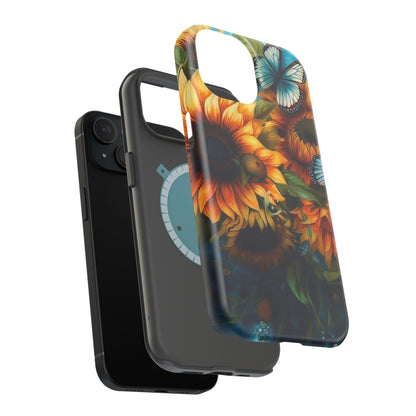 Aqua Blue Butterfly & Sunflower Art – MagSafe iPhone Case