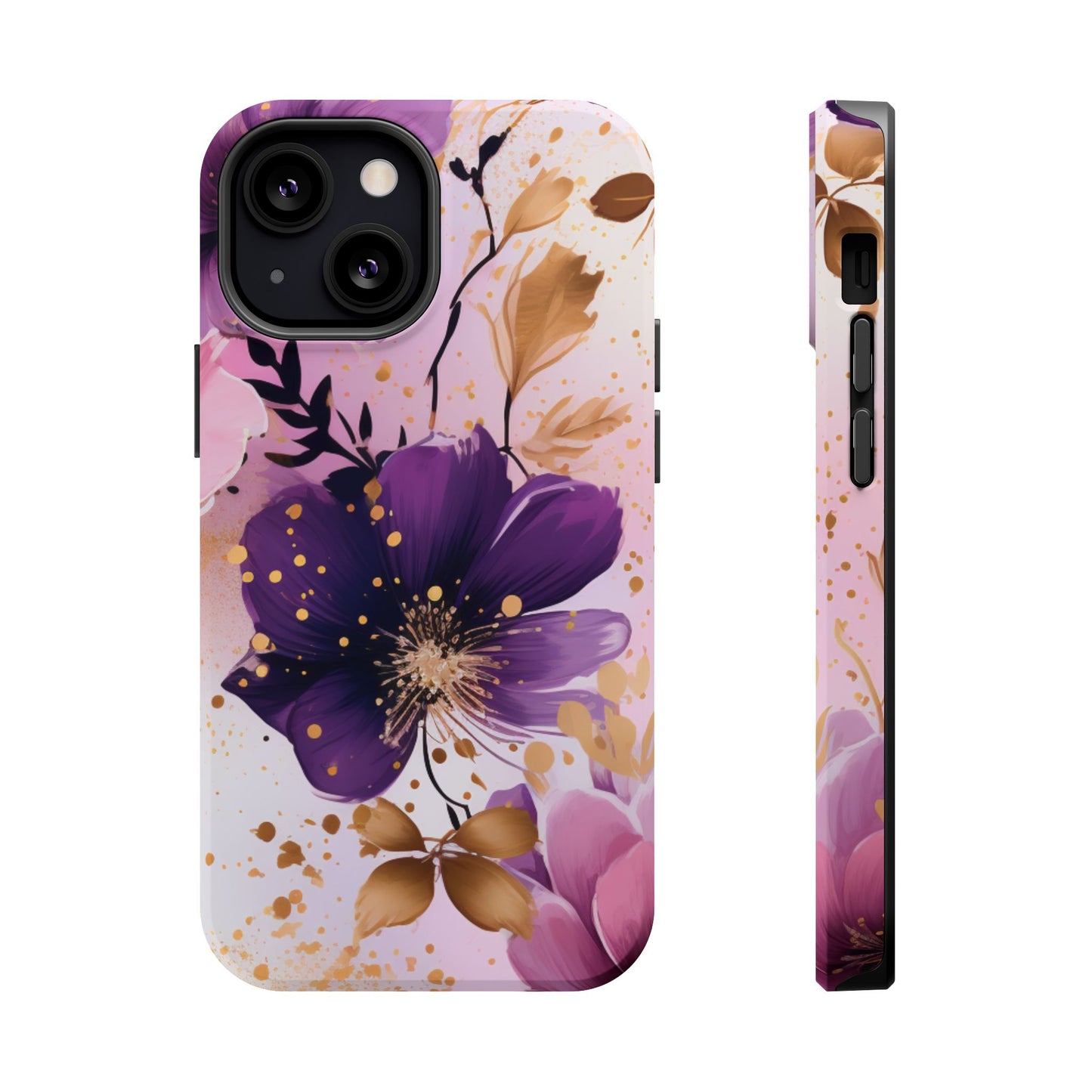 Elegant Purple & Gold Floral MagSafe iPhone Case - Luxe Flower Design