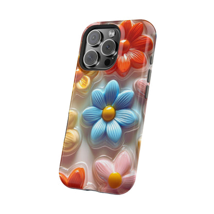 Glossy Retro Flower MagSafe iPhone Case – Colorful 3D Floral Design, Durable Protection