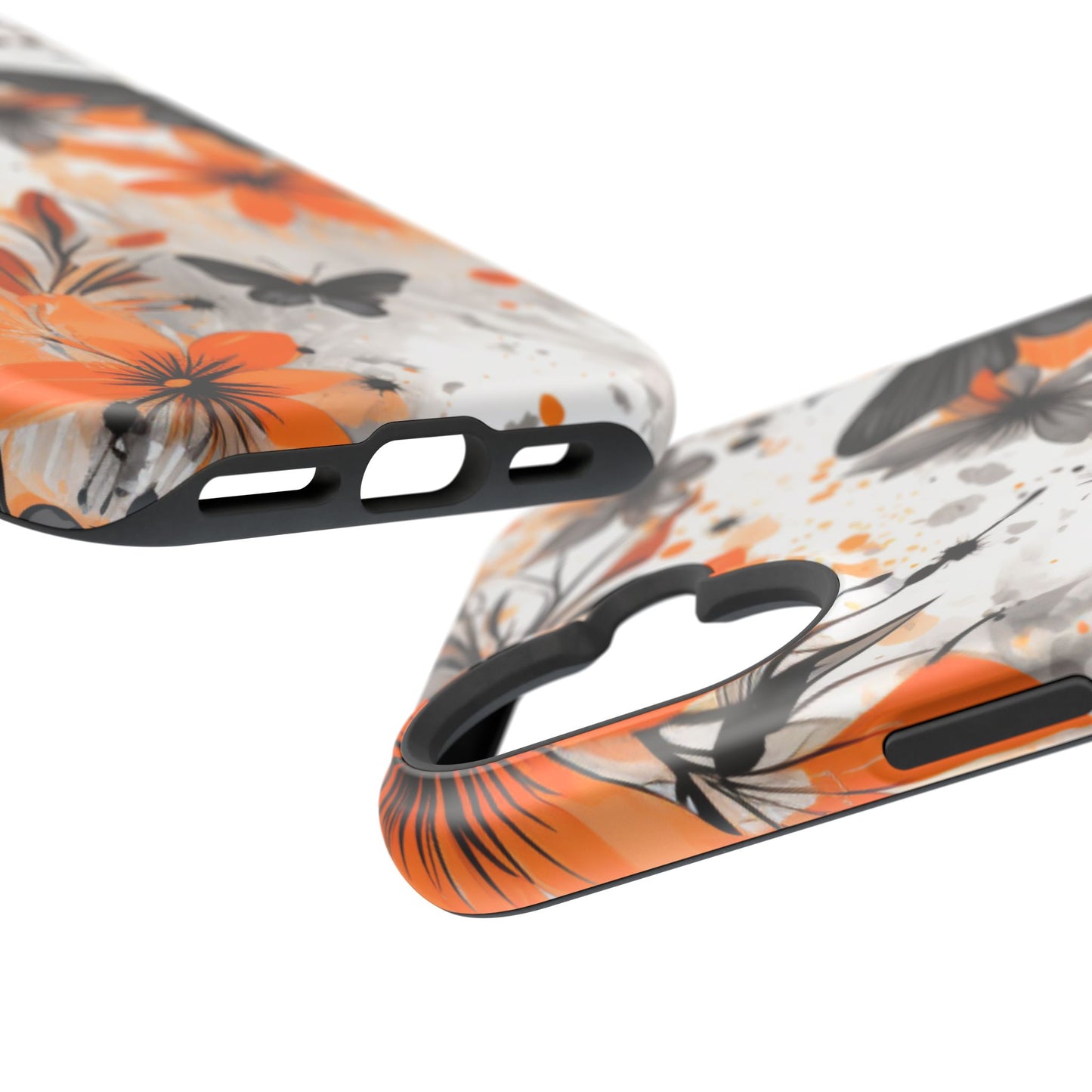 Orange Blossom & Black Butterfly MagSafe iPhone Case – Bold Floral Pattern with Modern Abstract Style