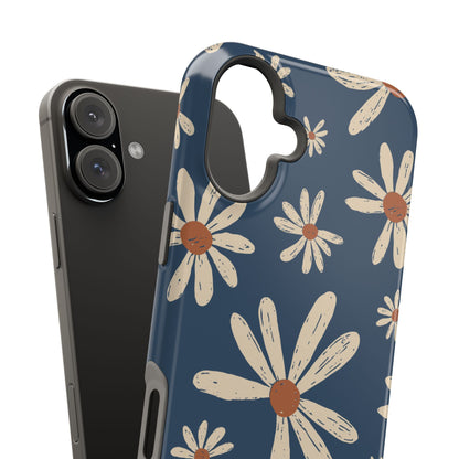 Vintage Daisies MagSafe iPhone Case – Navy Blue Floral Design, Scratch-Resistant with Shock-Absorbing Bumper