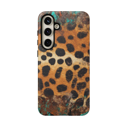 Rustic Leopard Print Tough Samsung Galaxy Case – Distressed Turquoise and Animal Pattern with Dual-Layer Protection