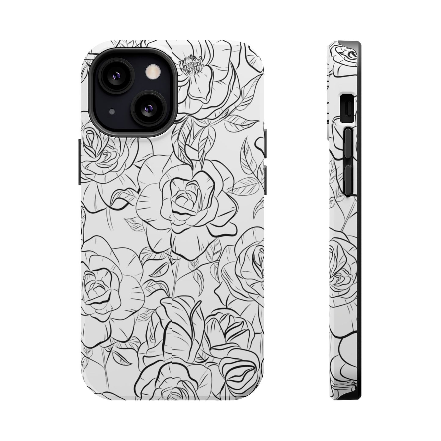 Monochrome Rose Garden Tough MagSafe iPhone Case – Elegant Floral Line Art with Dual-Layer Protection