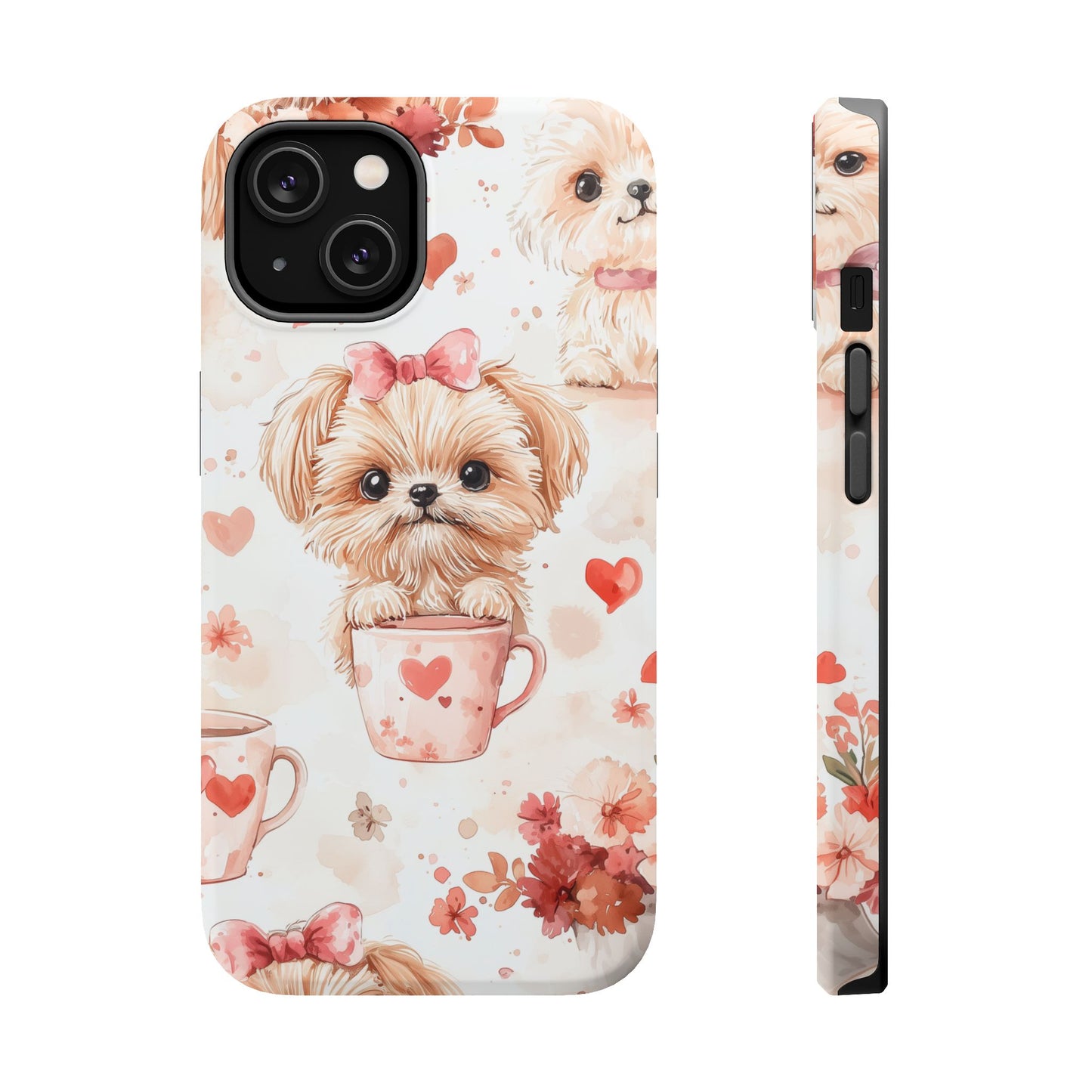 Puppies & Heart Mugs MagSafe iPhone Case – Sweet Dog & Floral Design, Shockproof & Slim